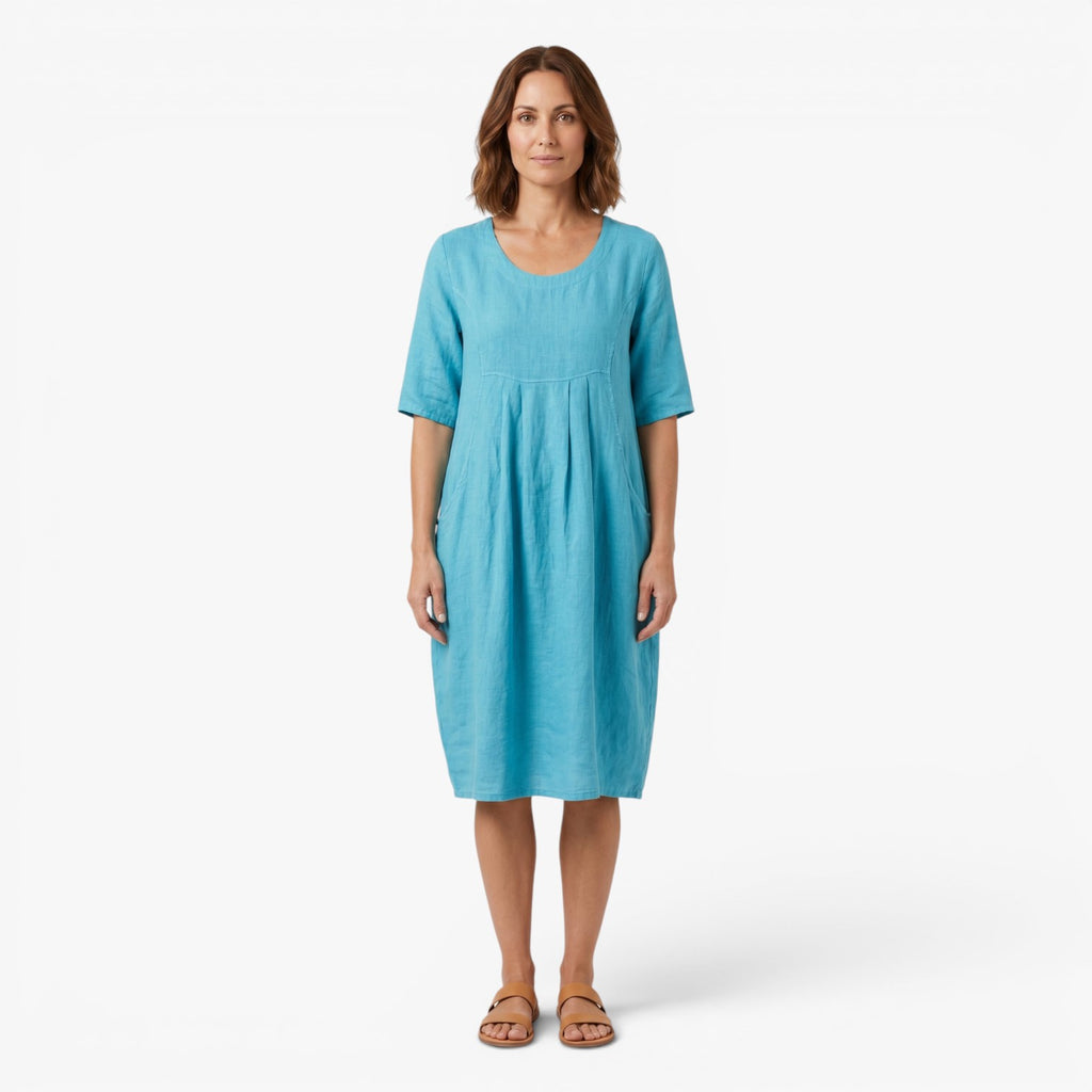 Women's Relaxed Pocket Midi Dress with Soft Gathered Front Detail