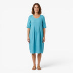 Women's Relaxed Pocket Midi Dress with Soft Gathered Front Detail