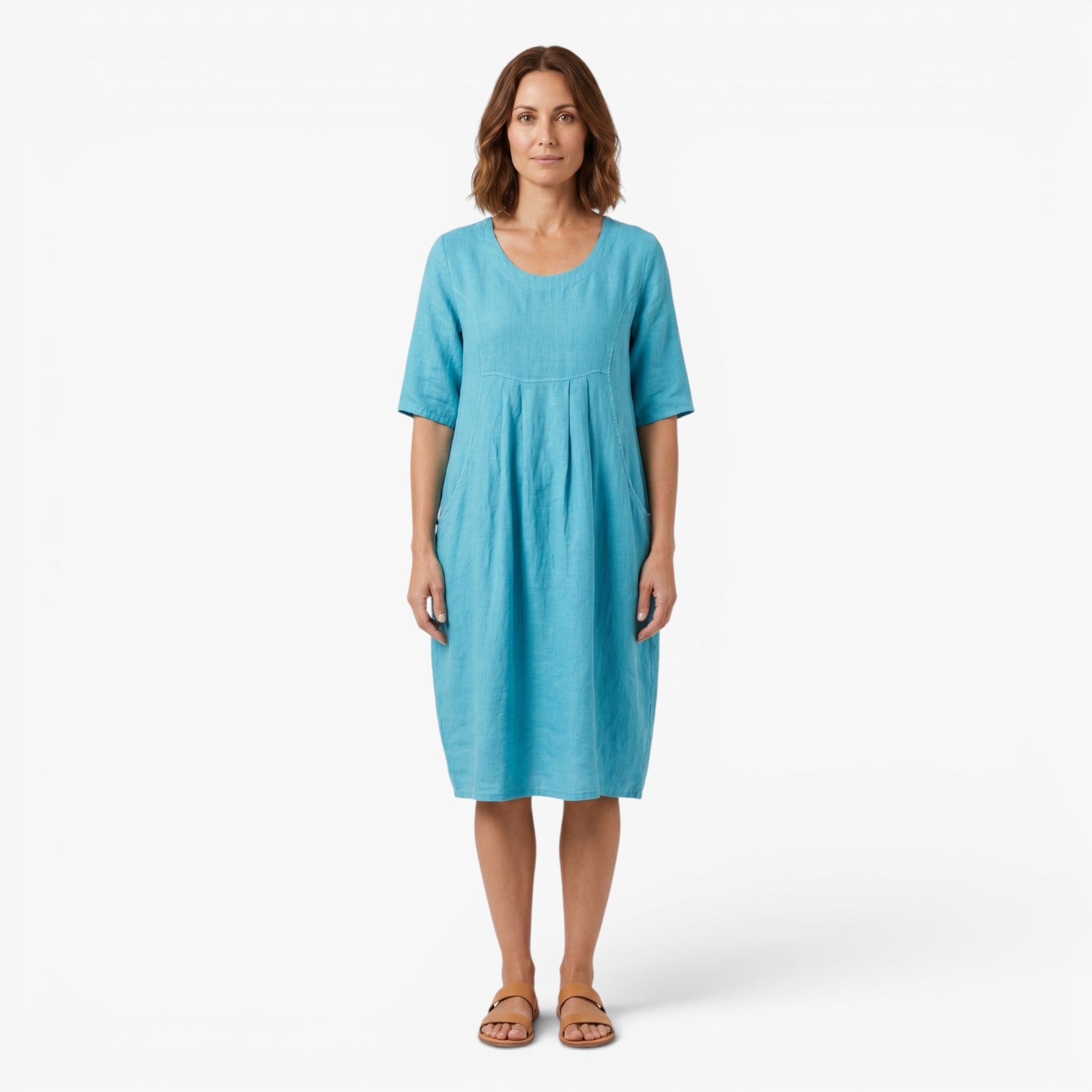Women's Relaxed Pocket Midi Dress with Soft Gathered Front Detail