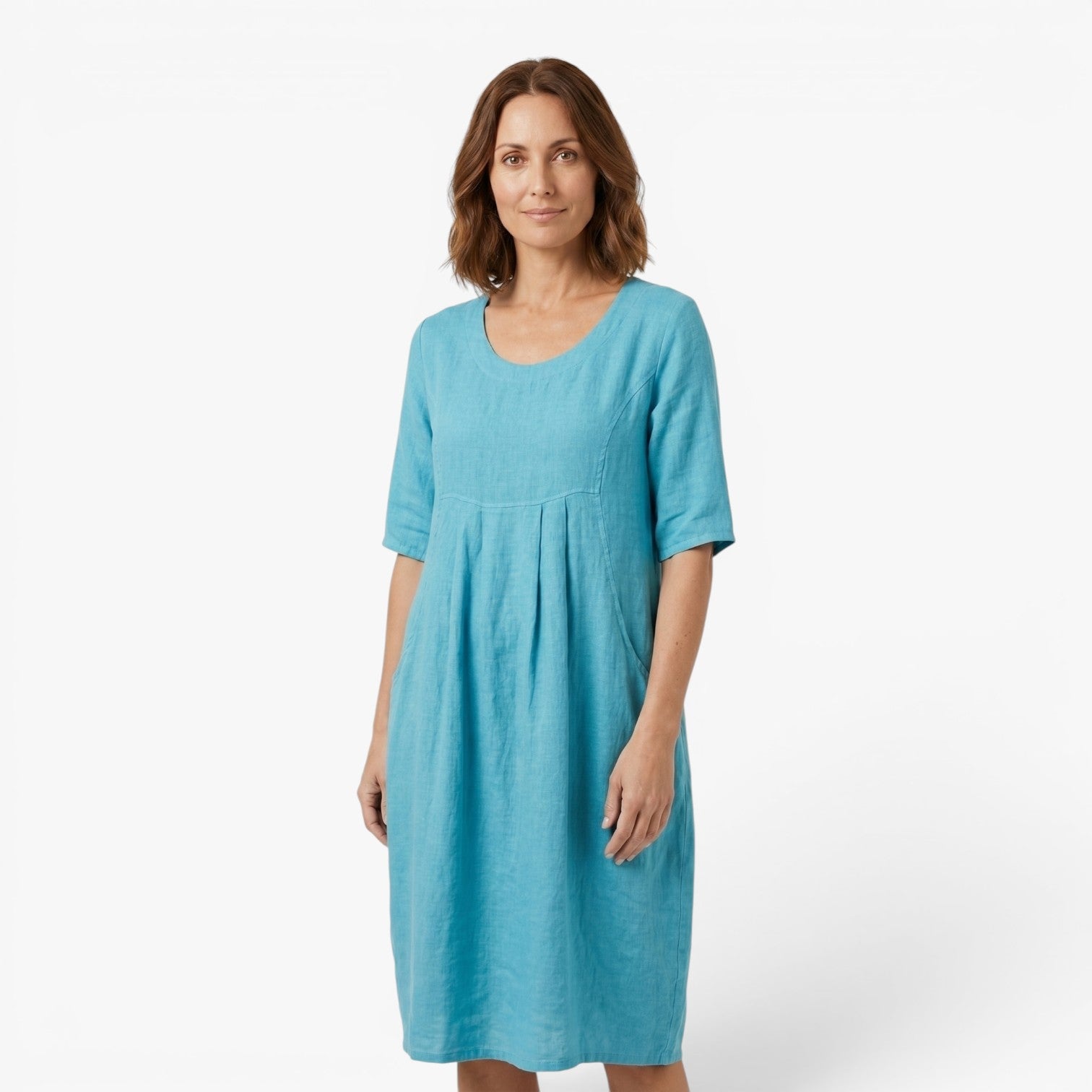 Women's Relaxed Pocket Midi Dress with Soft Gathered Front Detail