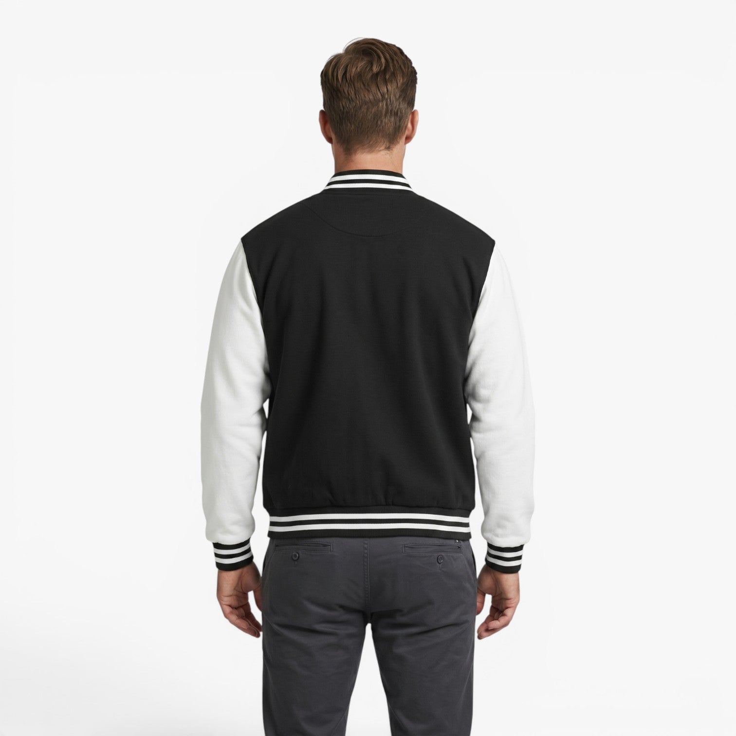 Men's Classic Varsity Bomber Jacket with Contrast Sleeves and Striped Ribbed Trim