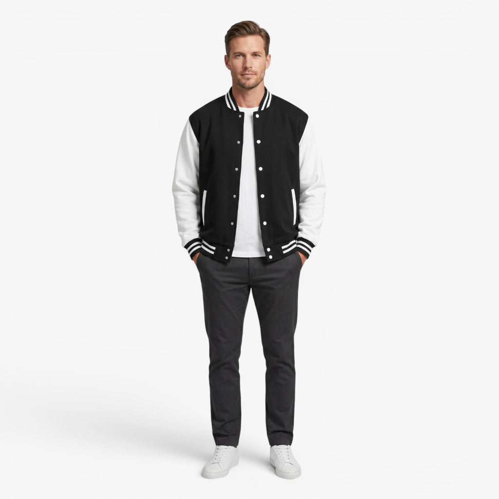 Men's Classic Varsity Bomber Jacket with Contrast Sleeves and Striped Ribbed Trim