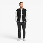 Men's Classic Varsity Bomber Jacket with Contrast Sleeves and Striped Ribbed Trim