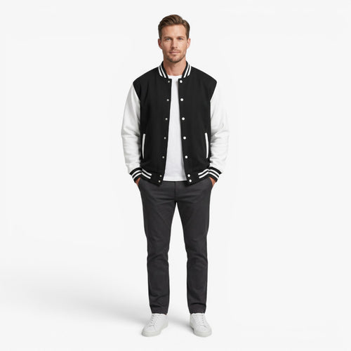 Herren Klassische Varsity Bomberjacke mit kontrastfarbenen Ärmeln und gestreiftem Rippbündchen