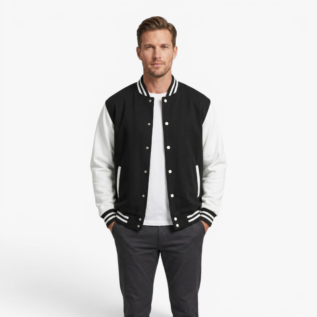 Men's Classic Varsity Bomber Jacket with Contrast Sleeves and Striped Ribbed Trim