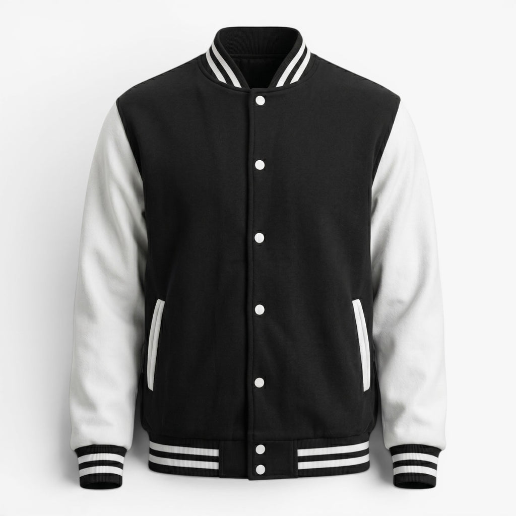 Men's Classic Varsity Bomber Jacket with Contrast Sleeves and Striped Ribbed Trim