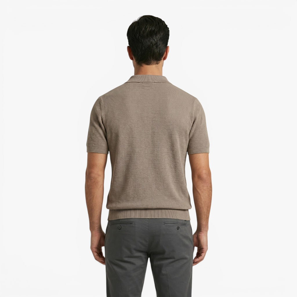 Men's Textured Knit Johnny Collar Polo with Ribbed Trim