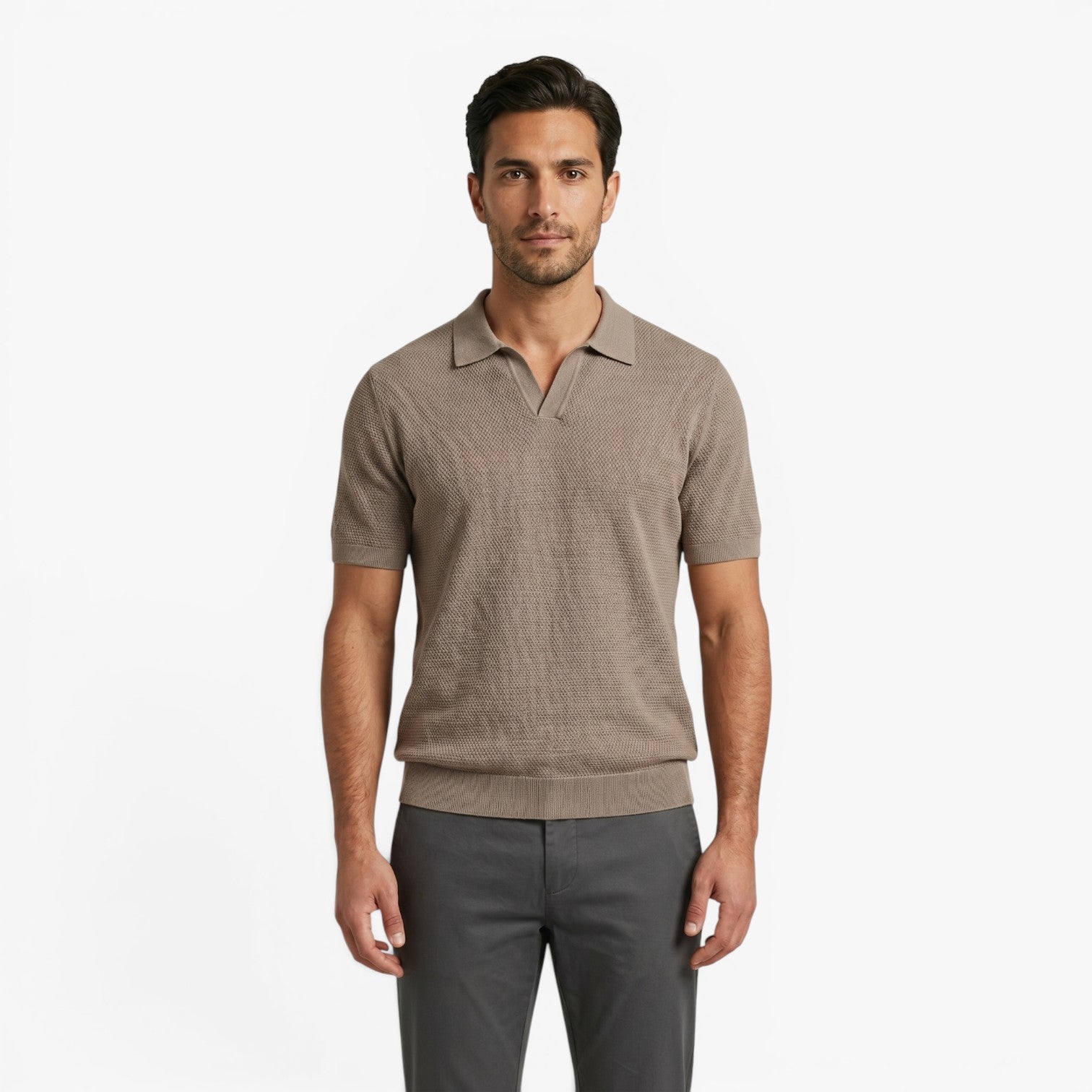 Men's Textured Knit Johnny Collar Polo with Ribbed Trim