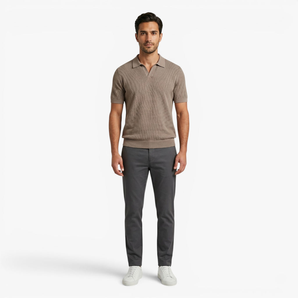 Men's Textured Knit Johnny Collar Polo with Ribbed Trim