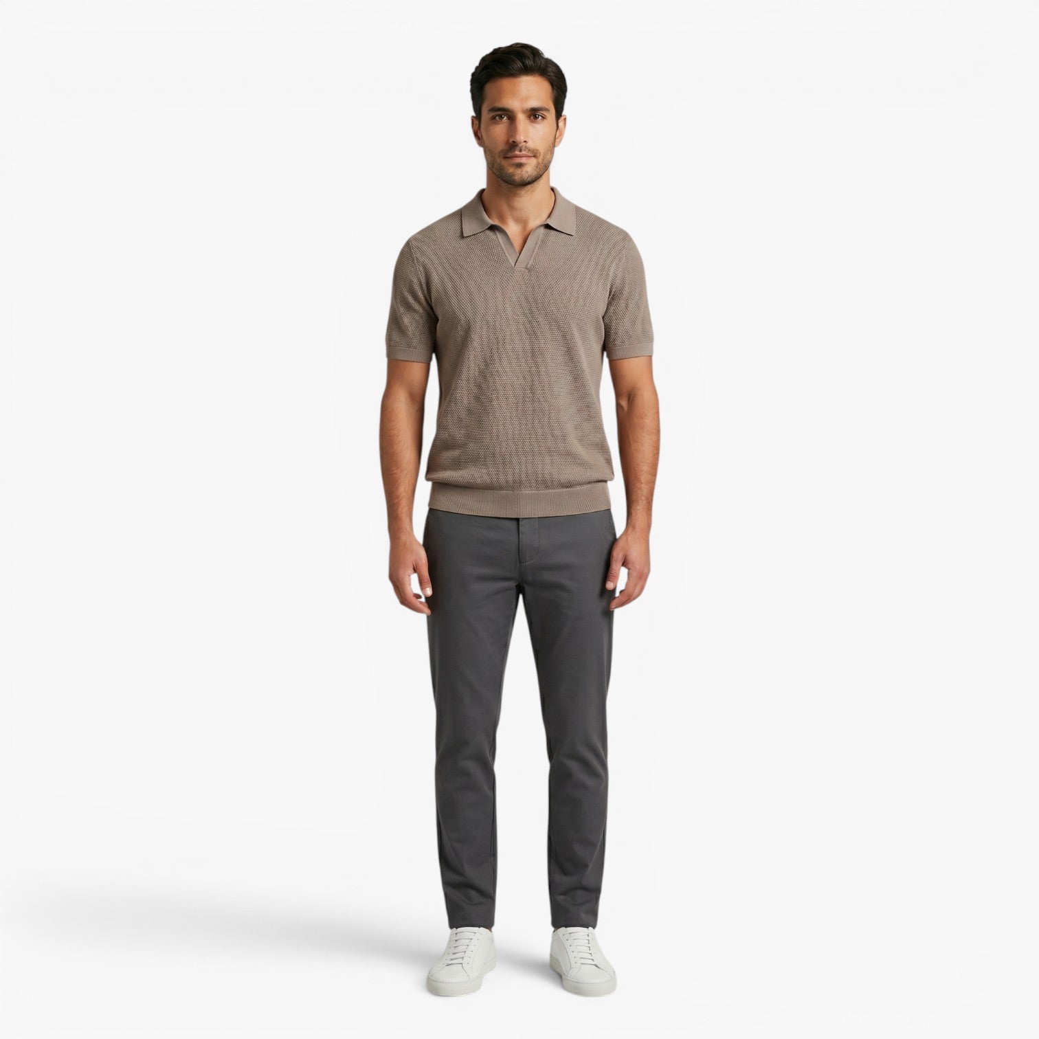 Men's Textured Knit Johnny Collar Polo with Ribbed Trim