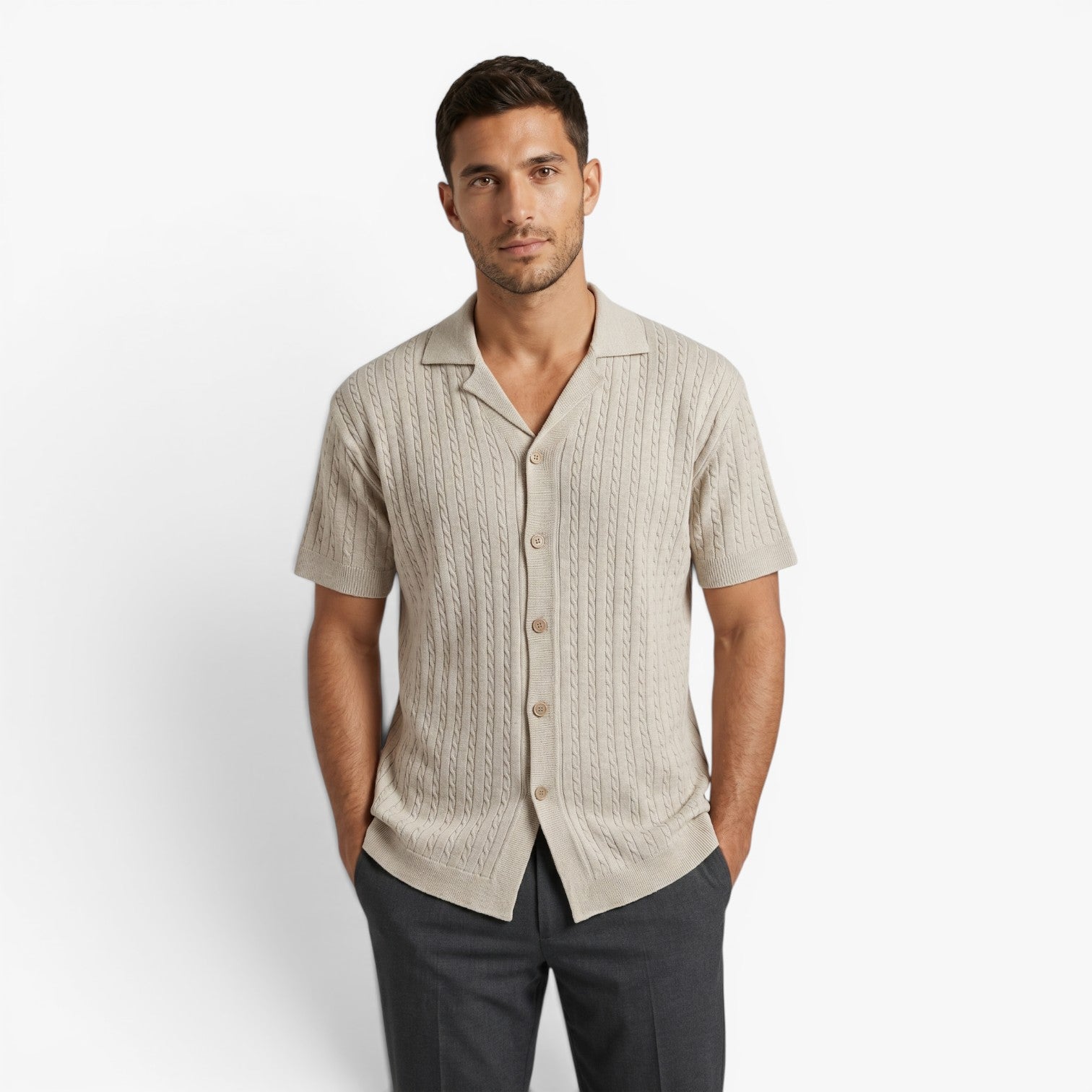 Men's Vintage Cable Knit Resort Button-Up Polo Shirt