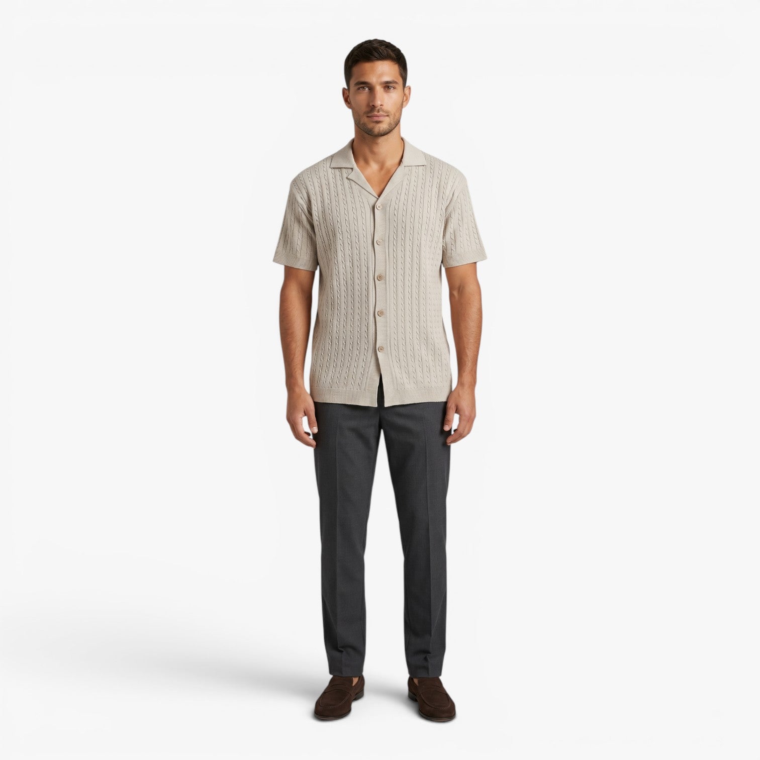 Men's Vintage Cable Knit Resort Button-Up Polo Shirt