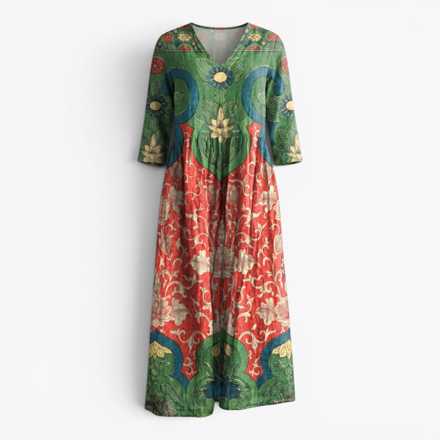 Women's Vintage Floral Patchwork Maxi Dress with Artistic Print