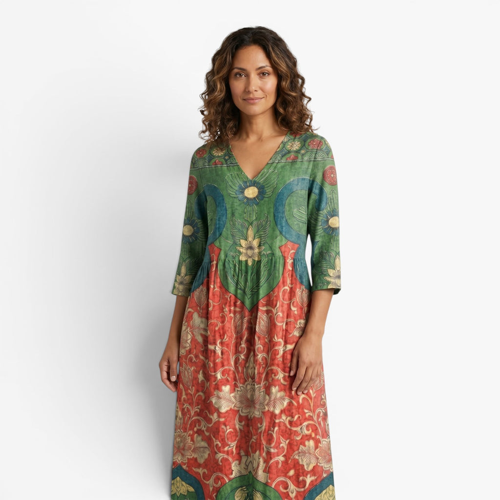 Women's Vintage Floral Patchwork Maxi Dress with Artistic Print