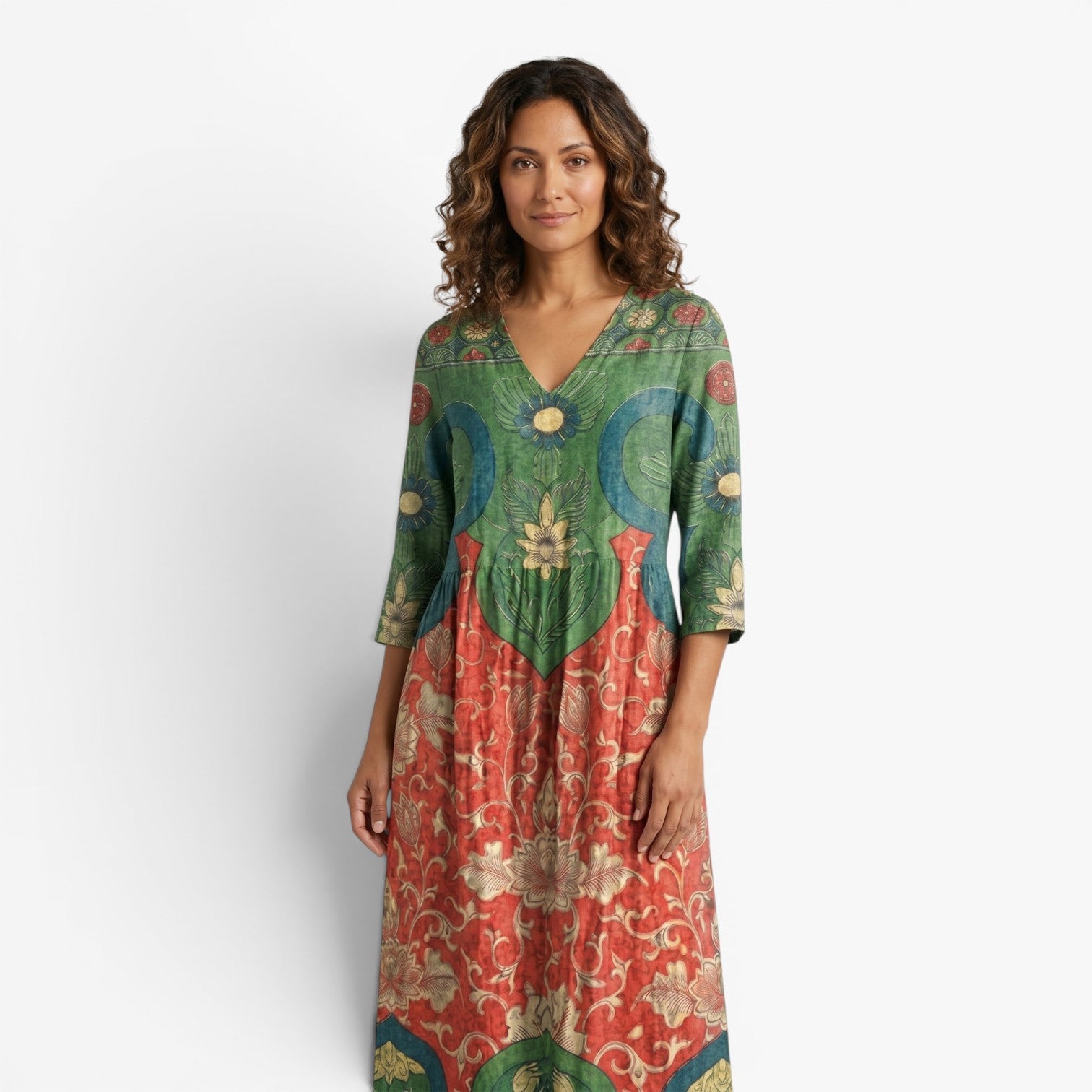 Women's Vintage Floral Patchwork Maxi Dress with Artistic Print