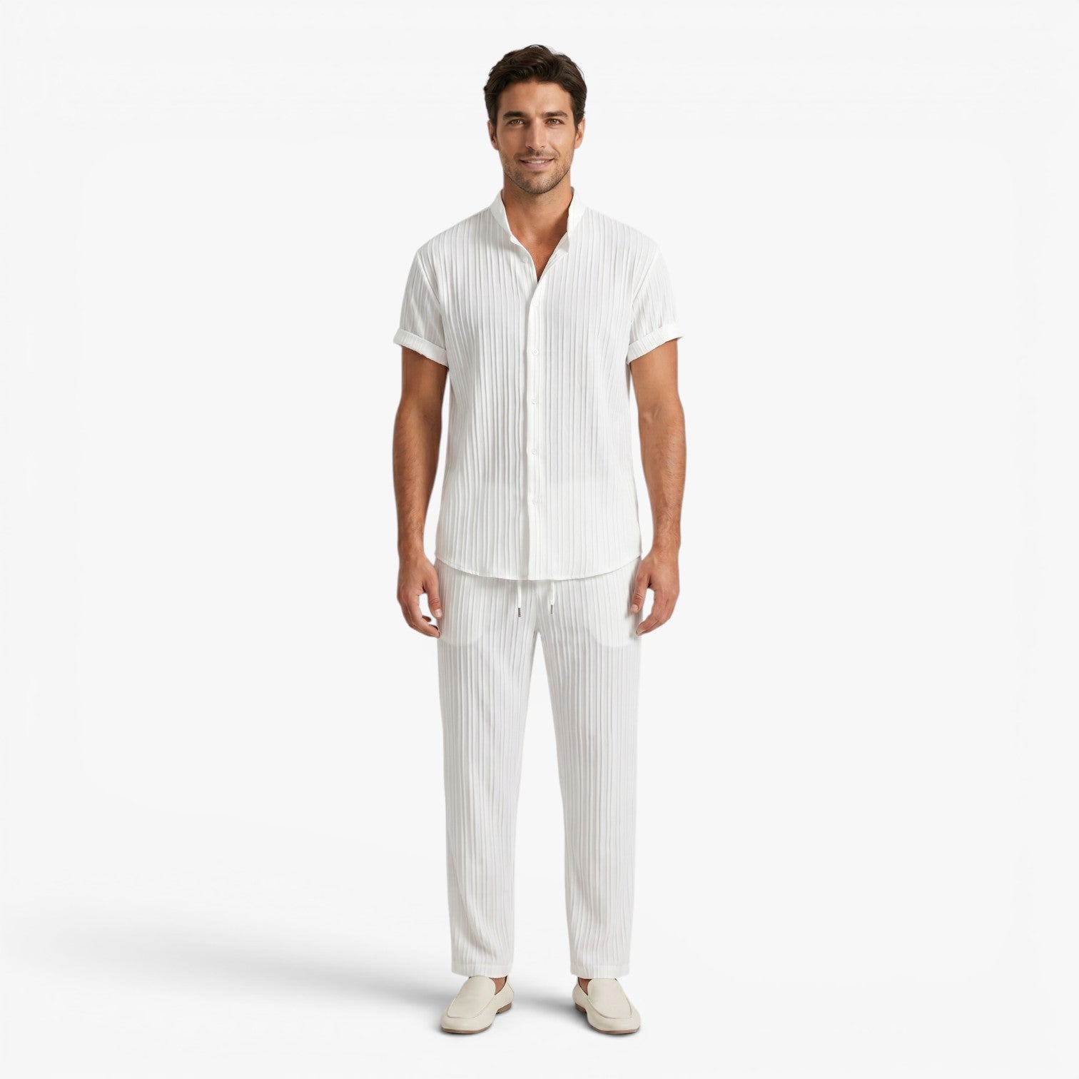 Men's Textured Short Sleeve Shirt and Trousers Set
