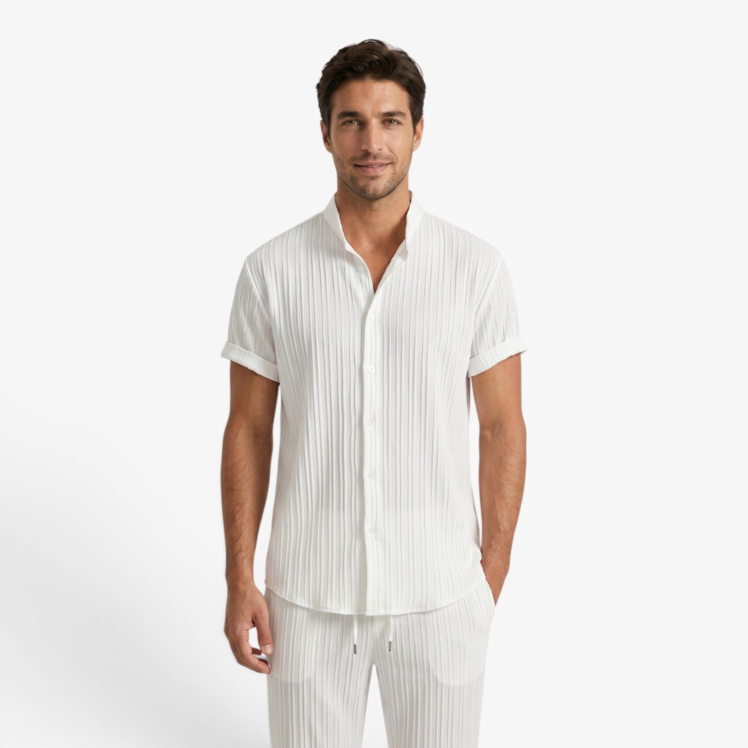 Men's Textured Short Sleeve Shirt and Trousers Set