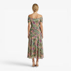 Women's Elegant V-Neck Midi Dress with Flowing Mesh Overlay