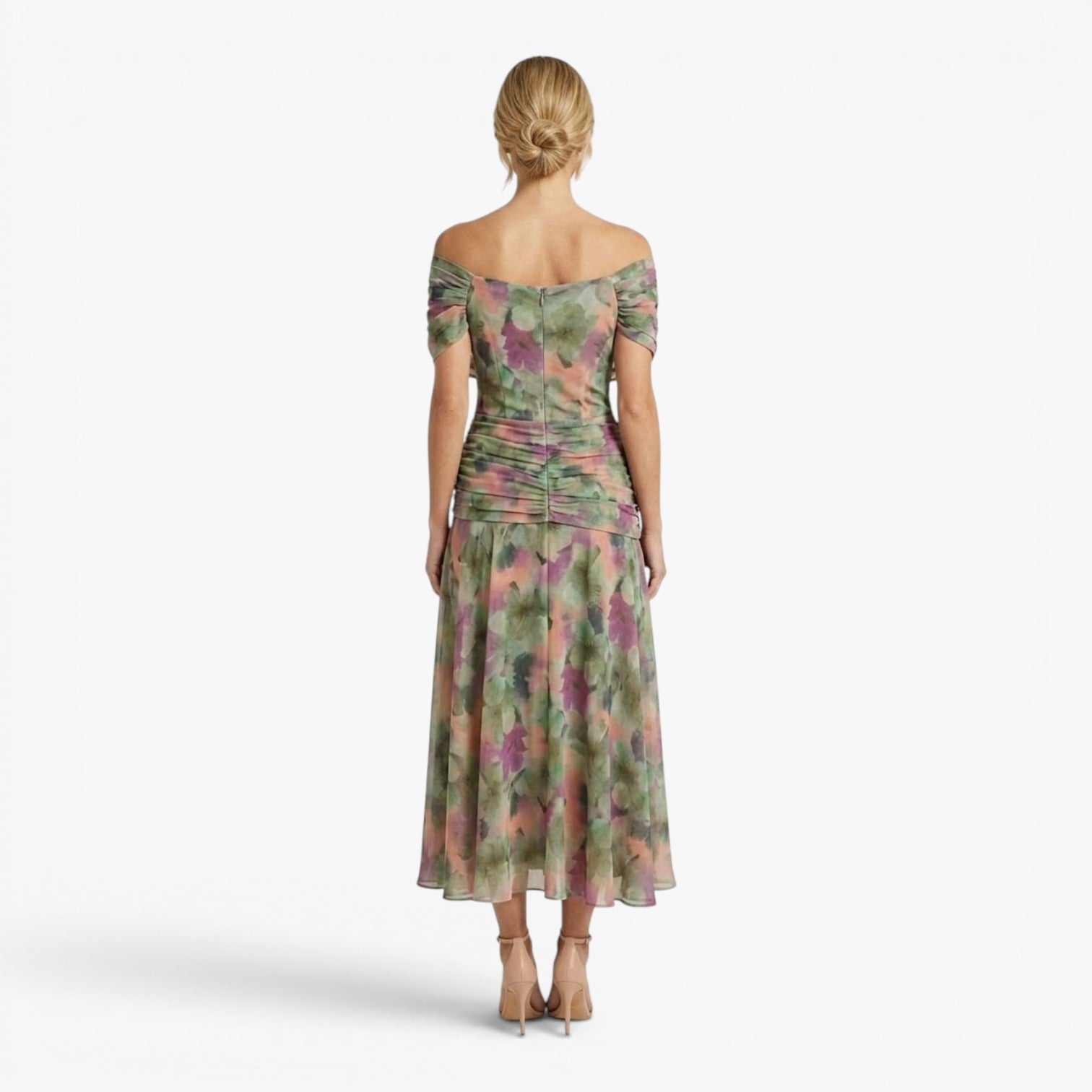 Women's Elegant V-Neck Midi Dress with Flowing Mesh Overlay