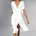 Women's Elegant V-Neck Short Sleeve Wrap Midi Dress