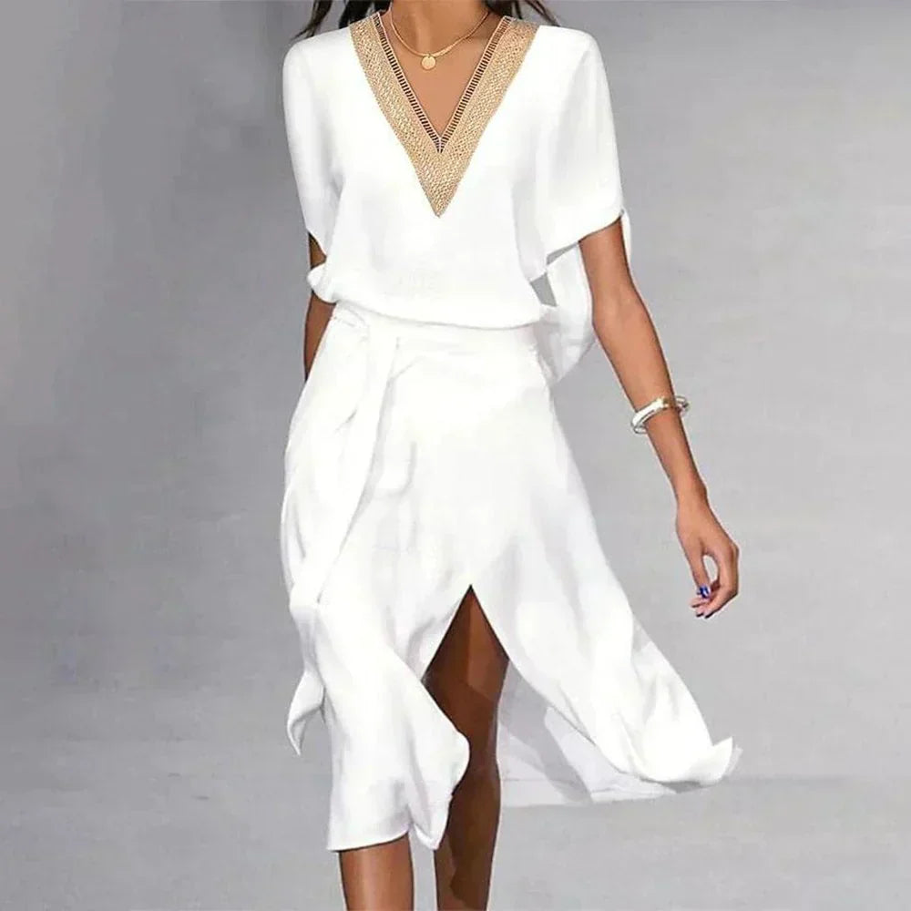 Women's Elegant V-Neck Short Sleeve Wrap Midi Dress