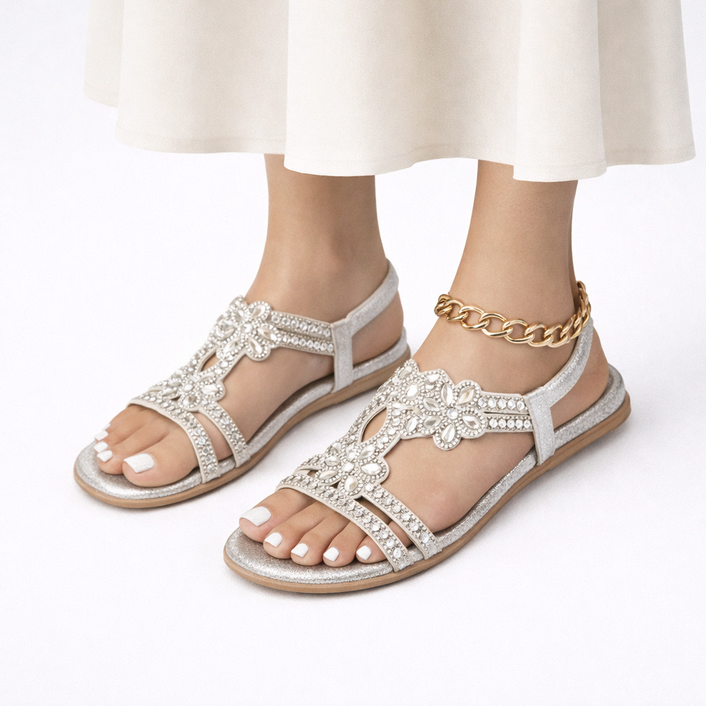 Sandales plates ornées de fleurs pour femme avec bride arrière élastique