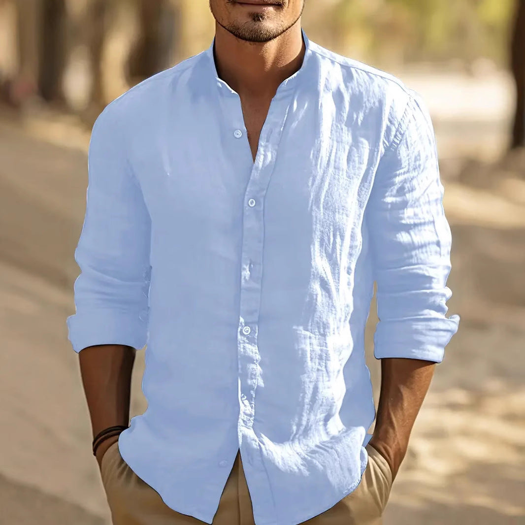 Men's Linen Shirt with Mandarin Collar for Smart Casual Summer Style