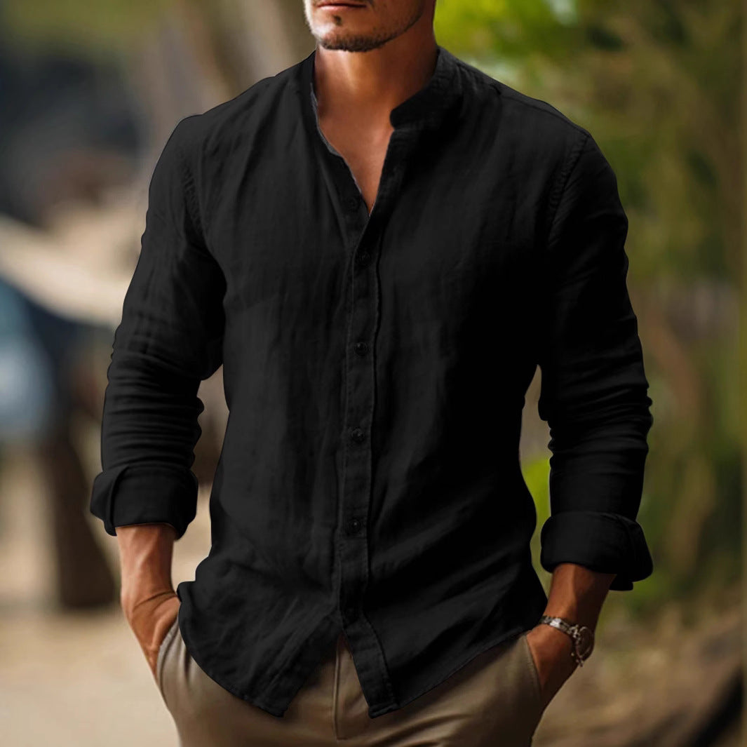 Men's Linen Shirt with Mandarin Collar for Smart Casual Summer Style