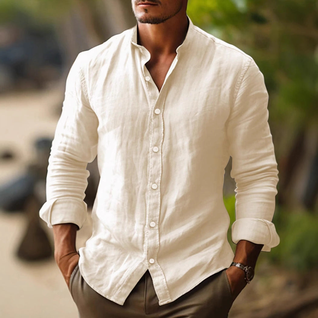 Men's Linen Shirt with Mandarin Collar for Smart Casual Summer Style