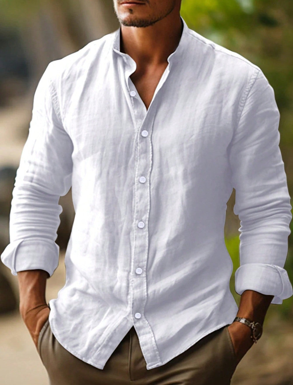 Men's Linen Shirt with Mandarin Collar for Smart Casual Summer Style