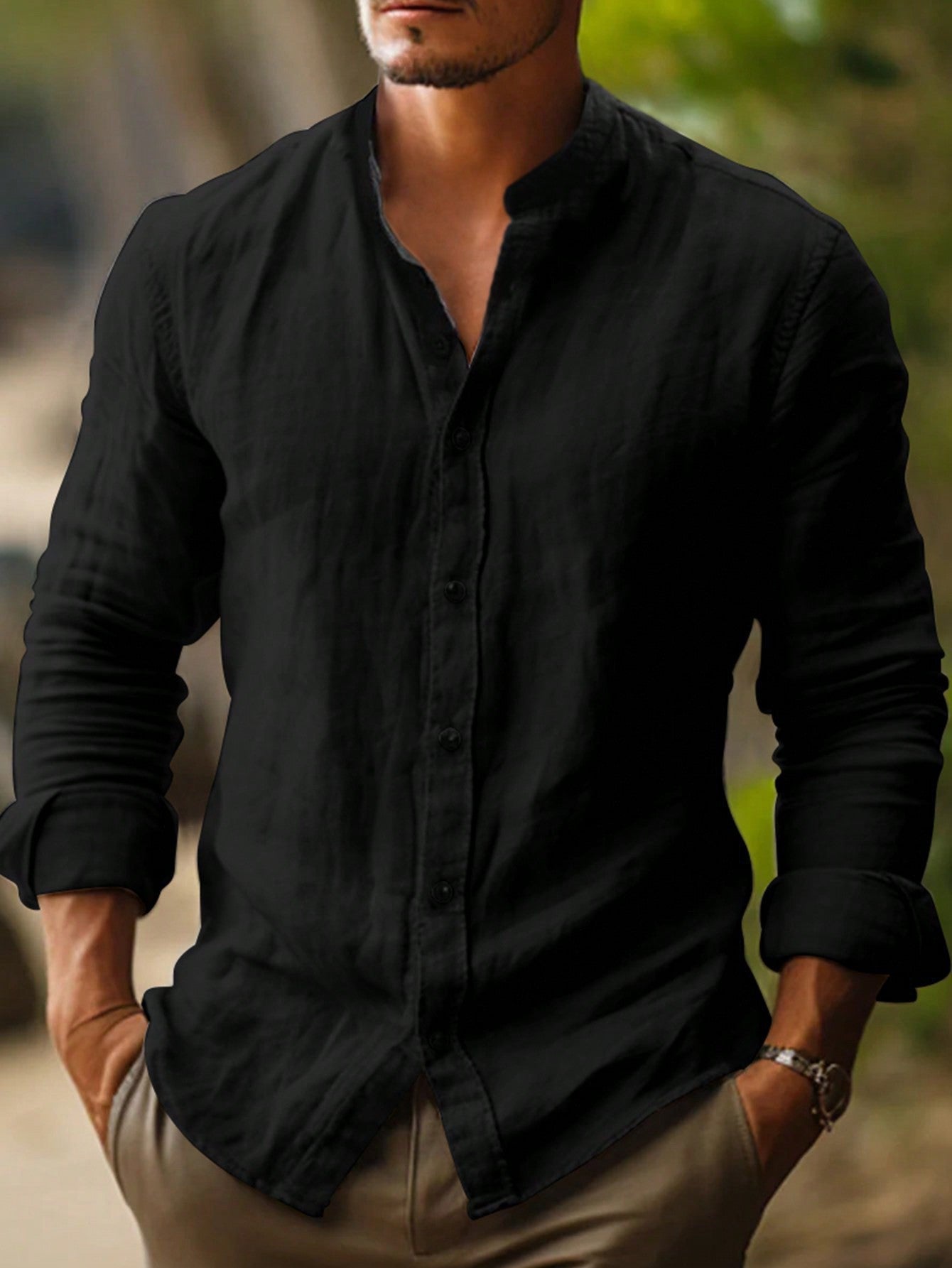 Men's Linen Shirt with Mandarin Collar for Smart Casual Summer Style