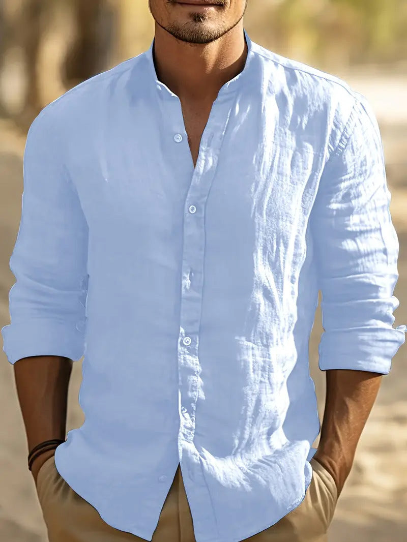 Men's Linen Shirt with Mandarin Collar for Smart Casual Summer Style