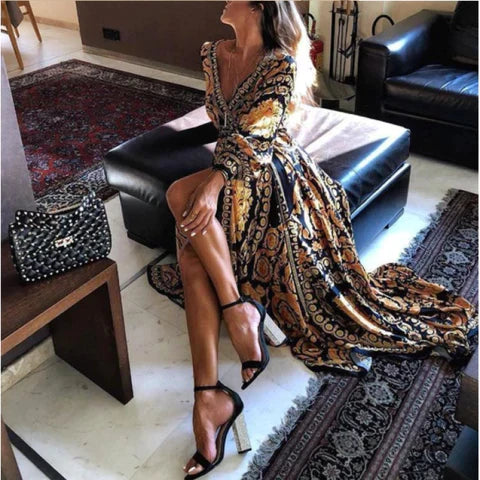 Maxikleid für Damen mit Barockmuster und langen Ärmeln