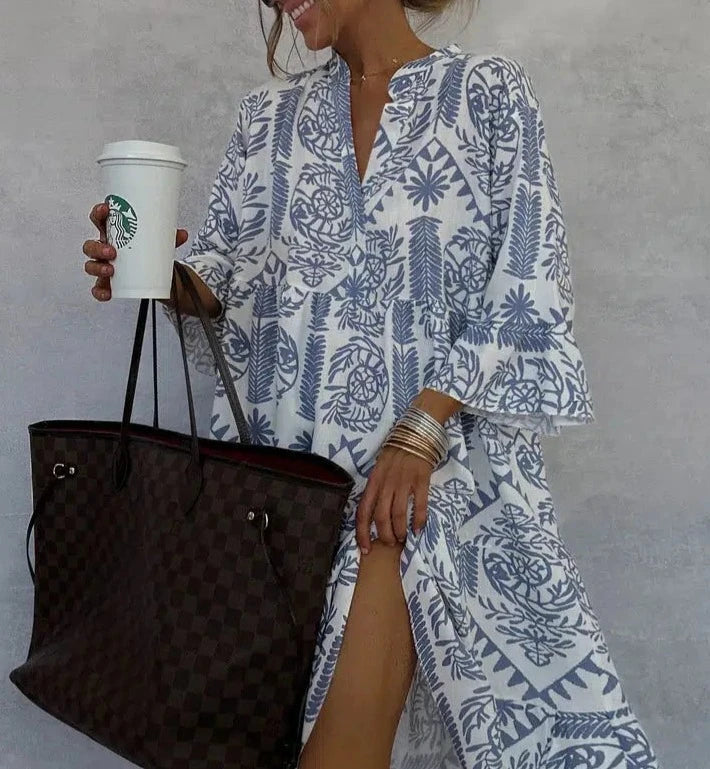 Women's Relaxed Printed V-Neck Long Sleeve Mini Dress