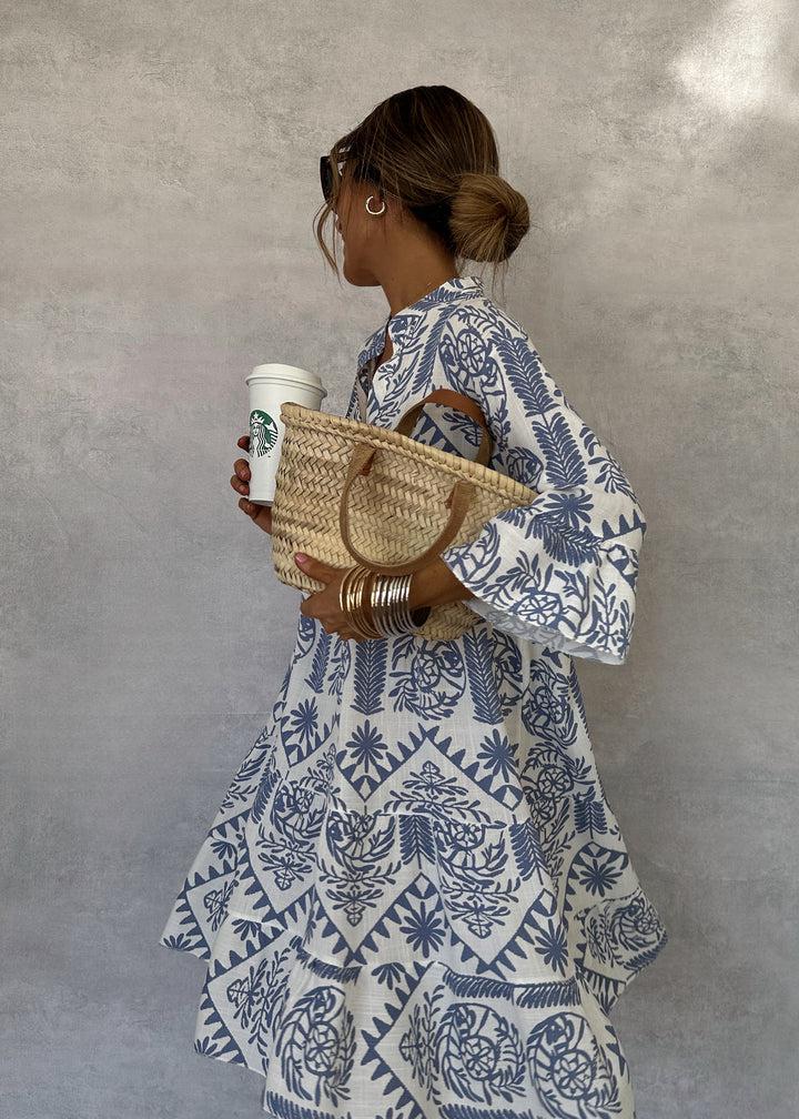 Women's Relaxed Printed V-Neck Long Sleeve Mini Dress