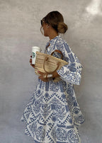 Women's Relaxed Printed V-Neck Long Sleeve Mini Dress