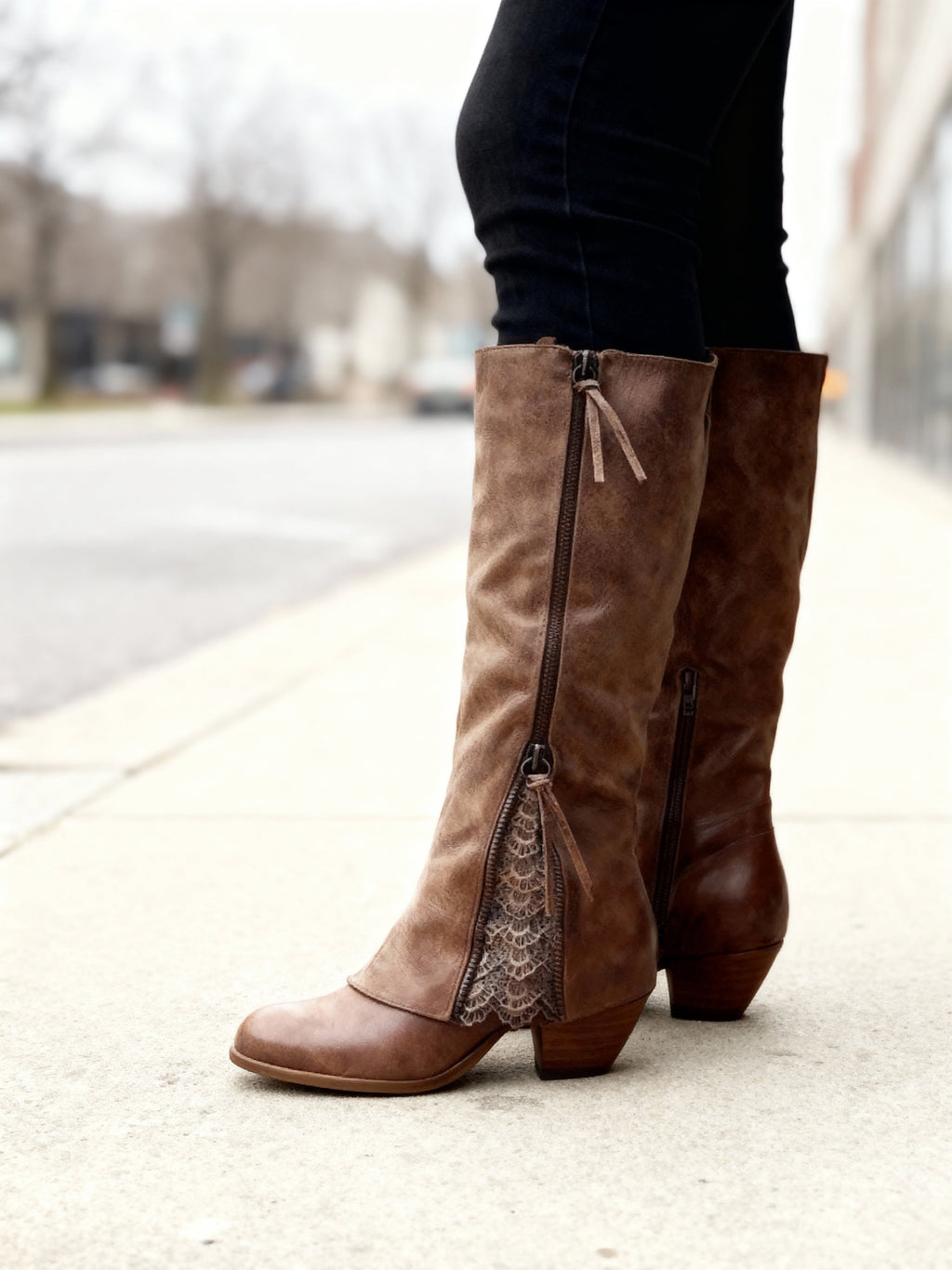 Women's Knee-High Lace Detail Side Zip Boots
