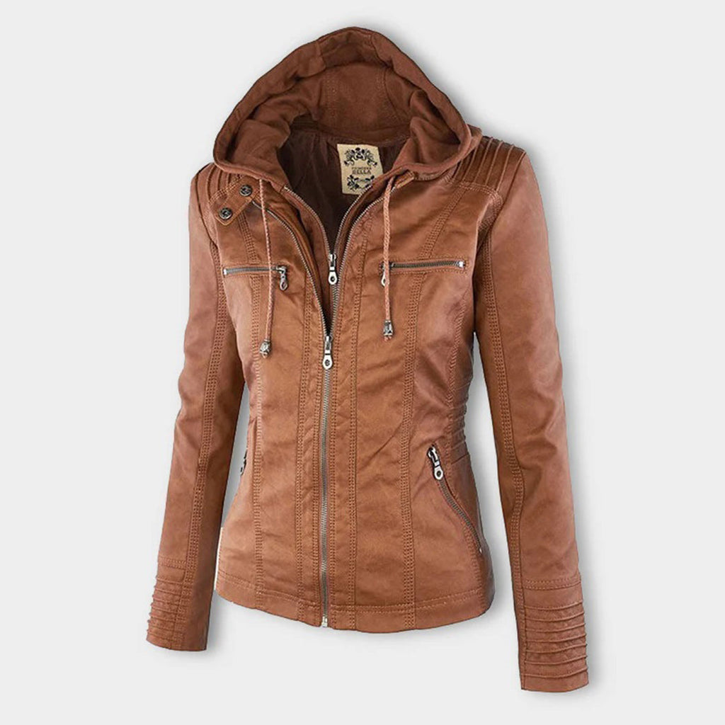 Damen Kapuzenjacke aus veganem Leder mit strukturierter Passform und Reißverschluss-Details