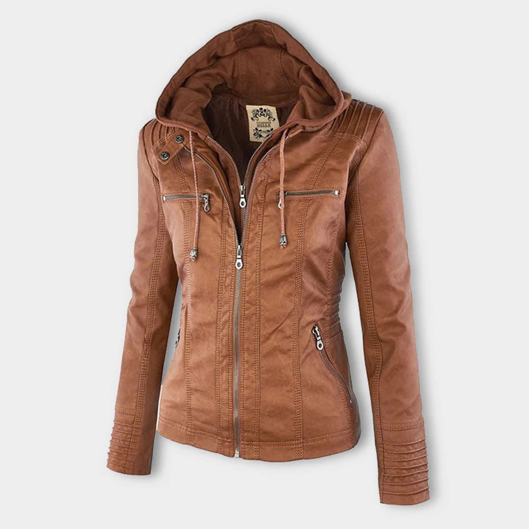 Women's Hooded Vegan Leather Jacket with Structured Fit and Zip Details