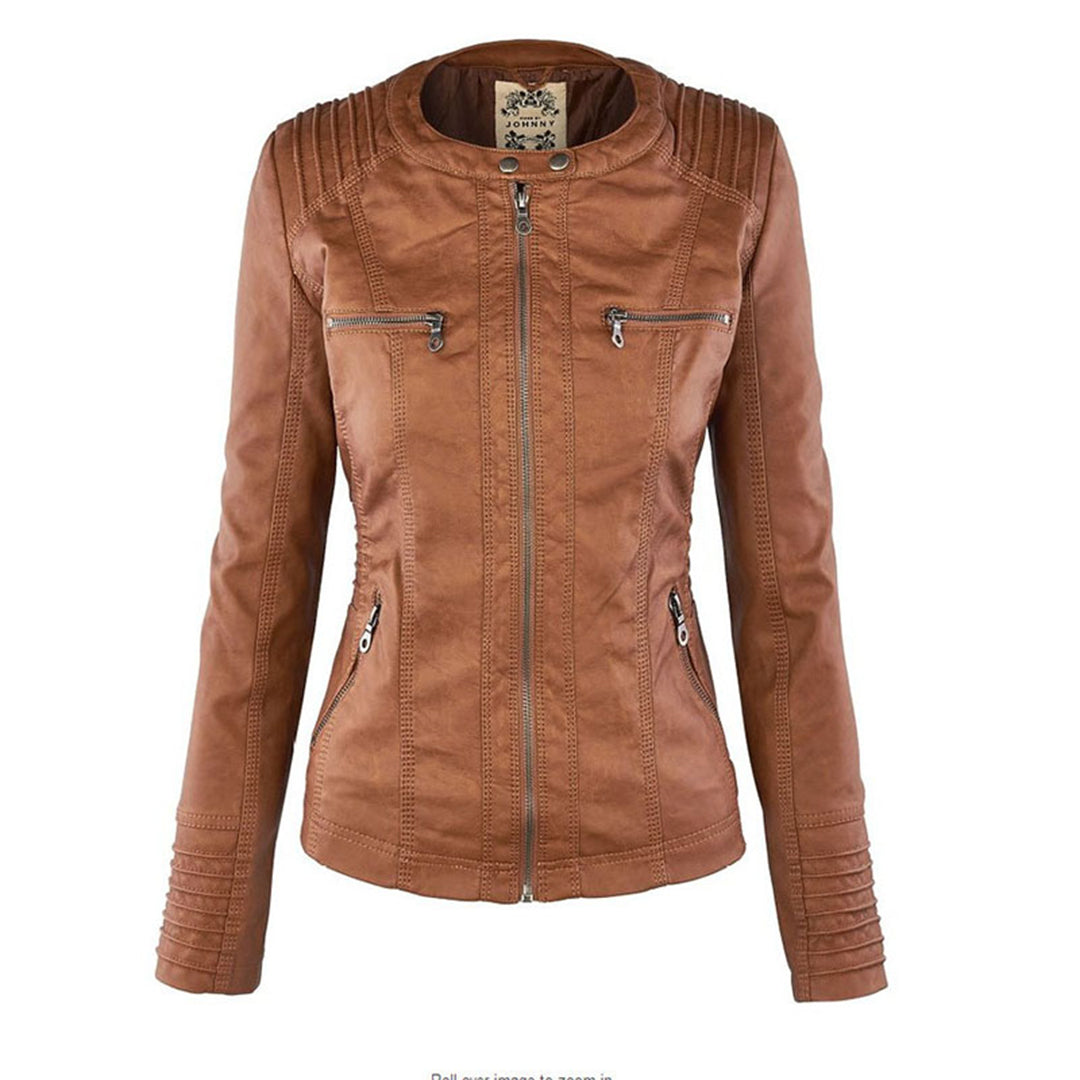 Women's Hooded Vegan Leather Jacket with Structured Fit and Zip Details