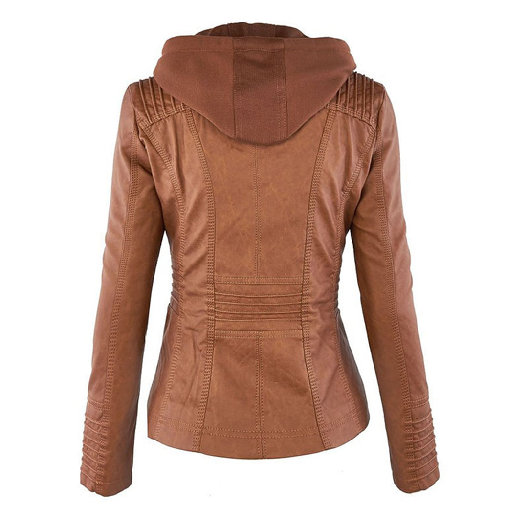Women's Hooded Vegan Leather Jacket with Structured Fit and Zip Details