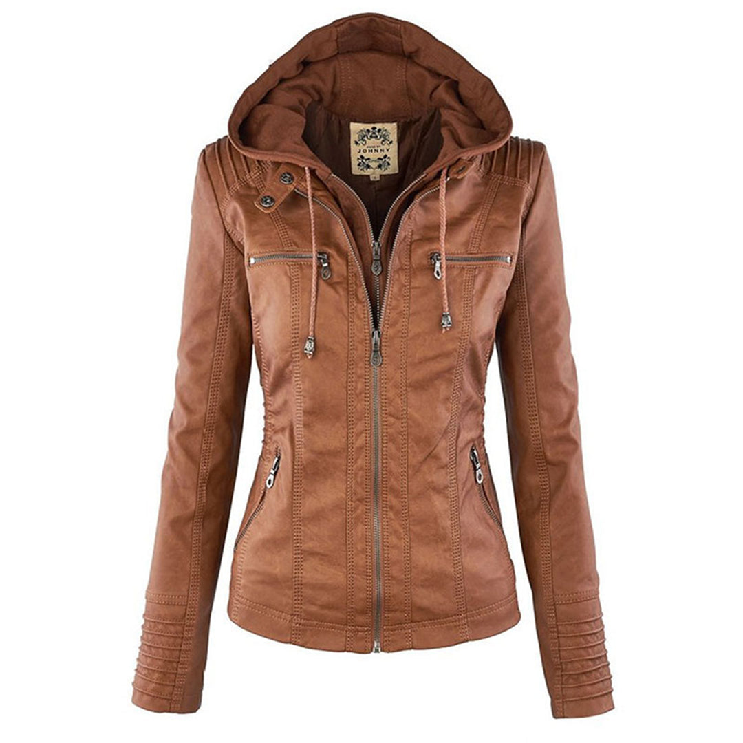 Women's Hooded Vegan Leather Jacket with Structured Fit and Zip Details