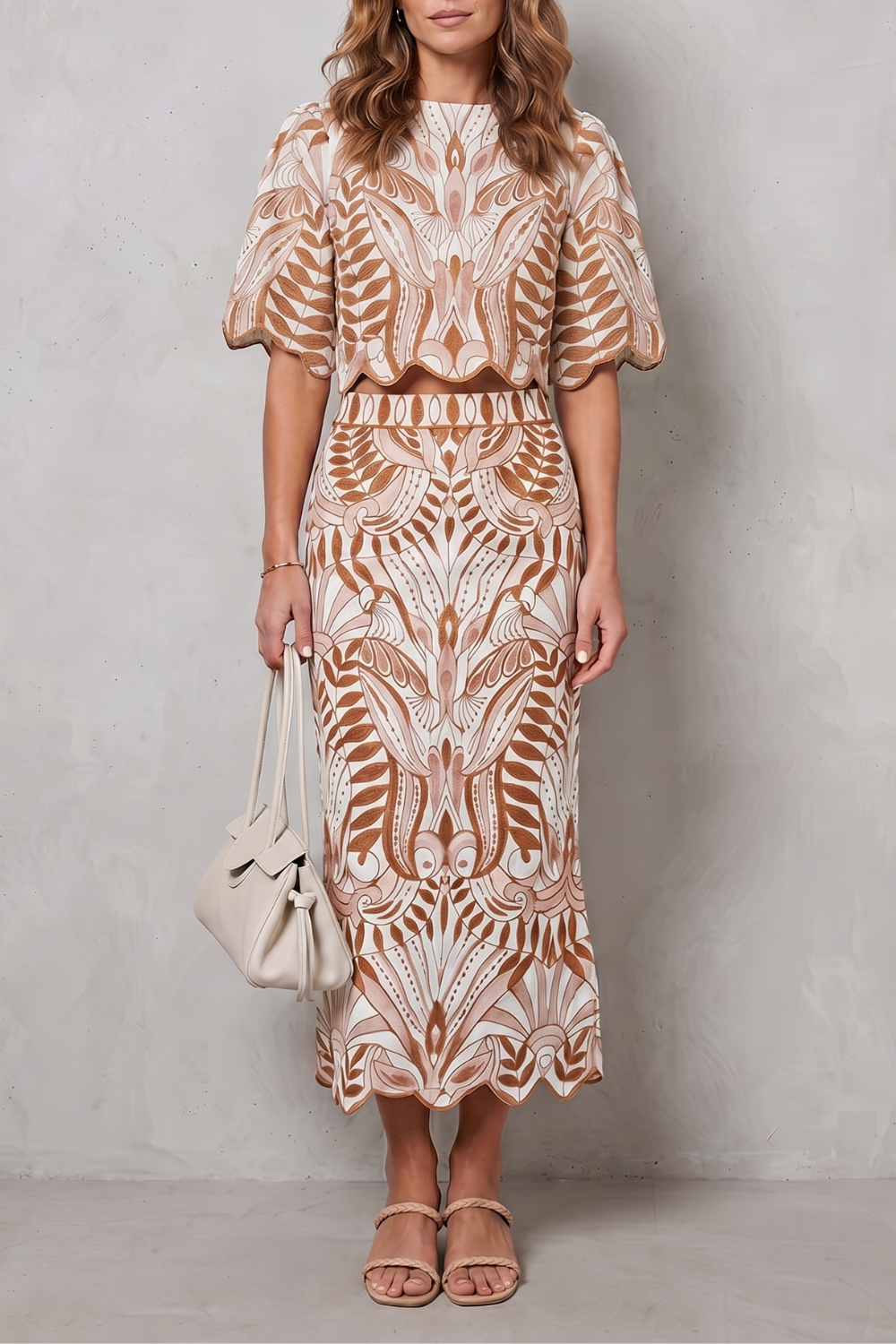Completo donna con gonna midi stampata