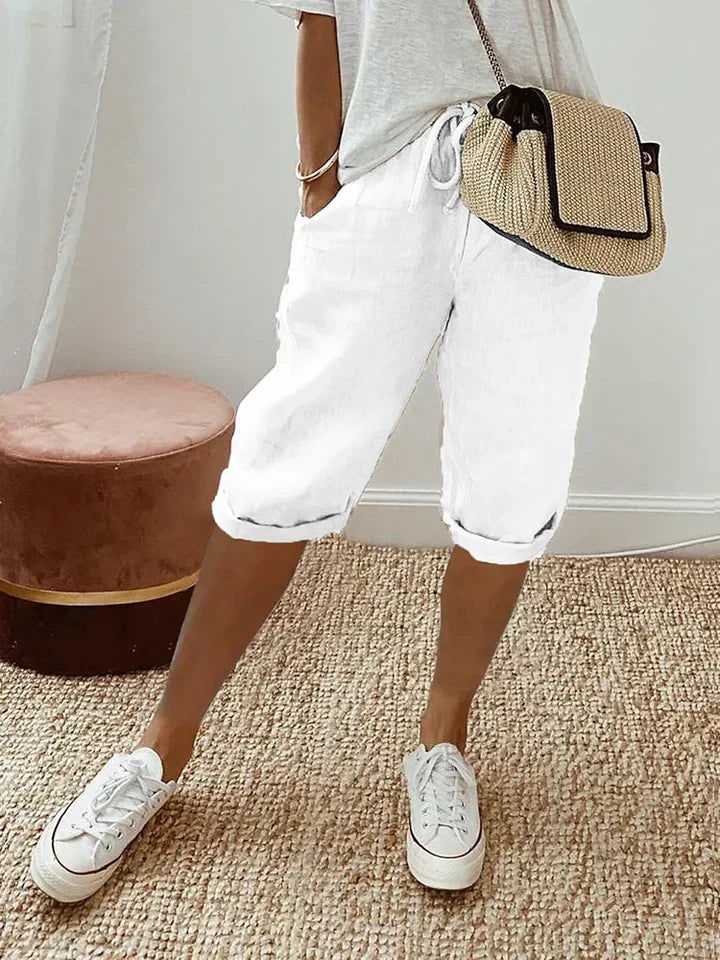 Damen Locker sitzende Shorts aus Baumwoll-Leinen mit verstellbarer Taille und bequemer Passform