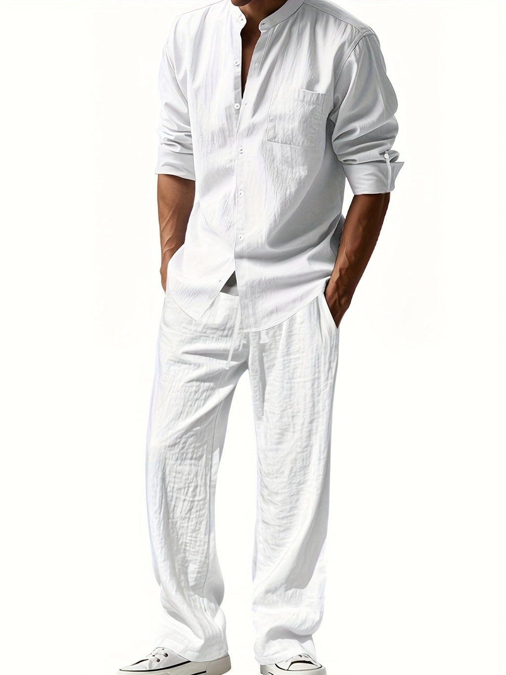 Men's Linen Two-Piece Set with Band Collar Shirt for Summer Comfort