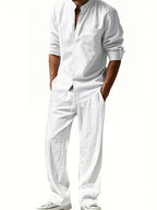 Men's Linen Two-Piece Set with Band Collar Shirt for Summer Comfort