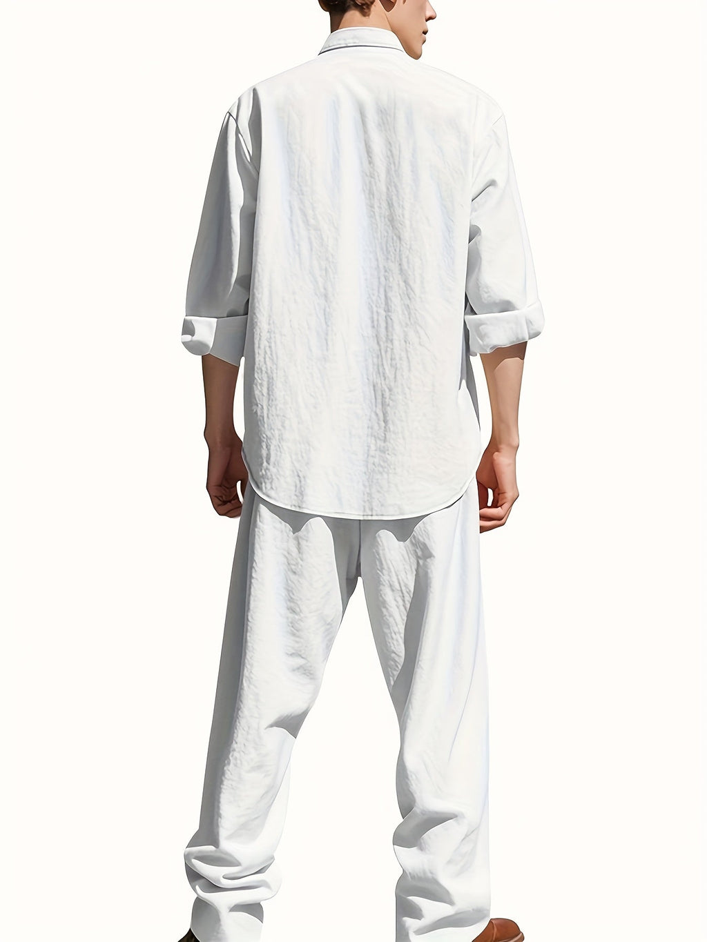 Men's Linen Two-Piece Set with Band Collar Shirt for Summer Comfort
