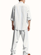 Men's Linen Two-Piece Set with Band Collar Shirt for Summer Comfort