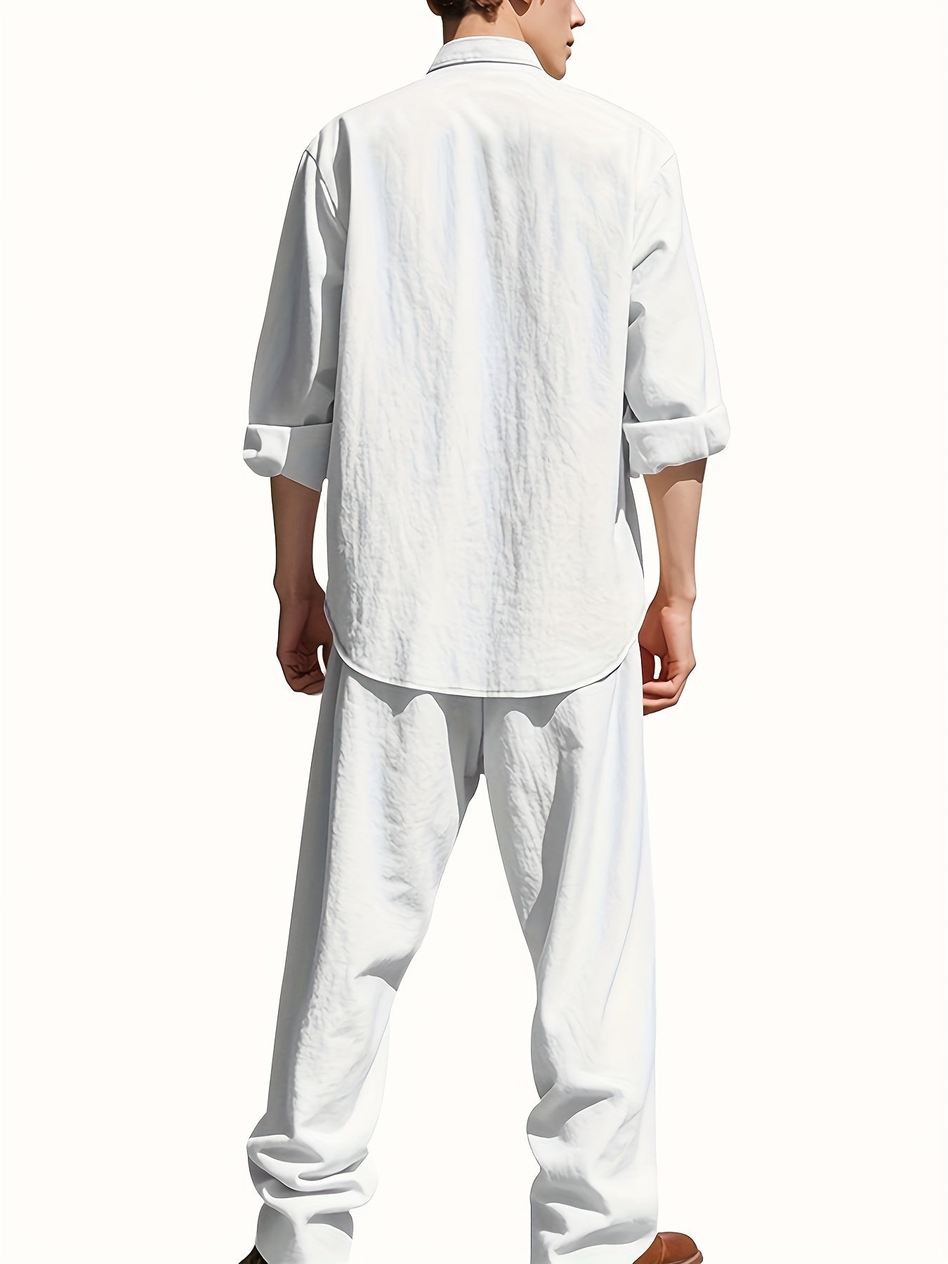 Men's Linen Two-Piece Set with Band Collar Shirt for Summer Comfort