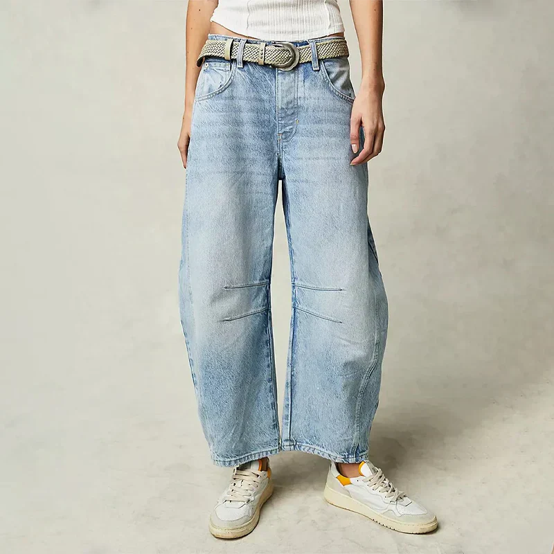Jean en denim à taille haute, coupe décontractée et jambes larges pour femme